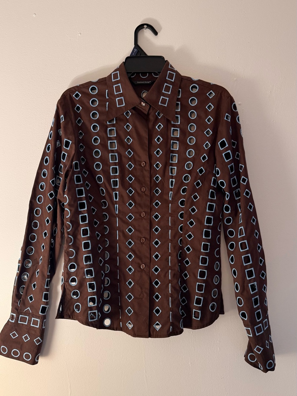Samuel Dong Brown Button-Down Shirt with Light Blue Geometric  (FREE SHIPPING)